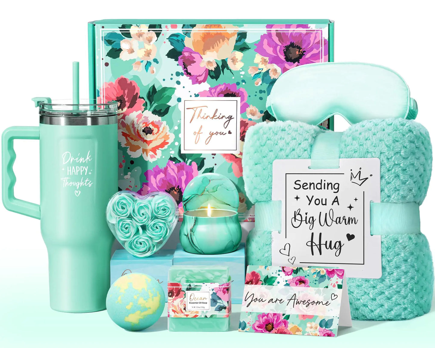 Birthday Gifts for Women Self Care Gifts Get Well Soon Gifts Ocean Relaxing Spa Gifts Basket Care Package w/ Luxury Flannel Blanket 40 oz Tumbler Valentines Day Gifts for Her Wife Mom Friends Sister