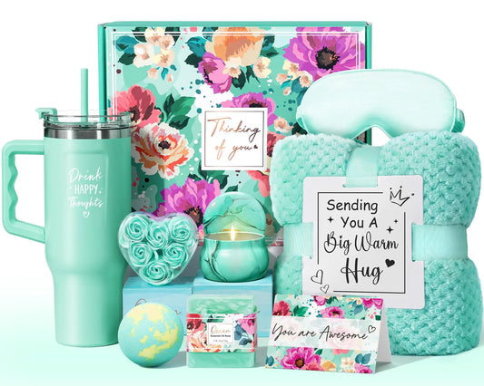 Birthday Gifts for Women Self Care Gifts Get Well Soon Gifts Ocean Relaxing Spa Gifts Basket Care Package w/ Luxury Flannel Blanket 40 oz Tumbler Valentines Day Gifts for Her Wife Mom Friends Sister