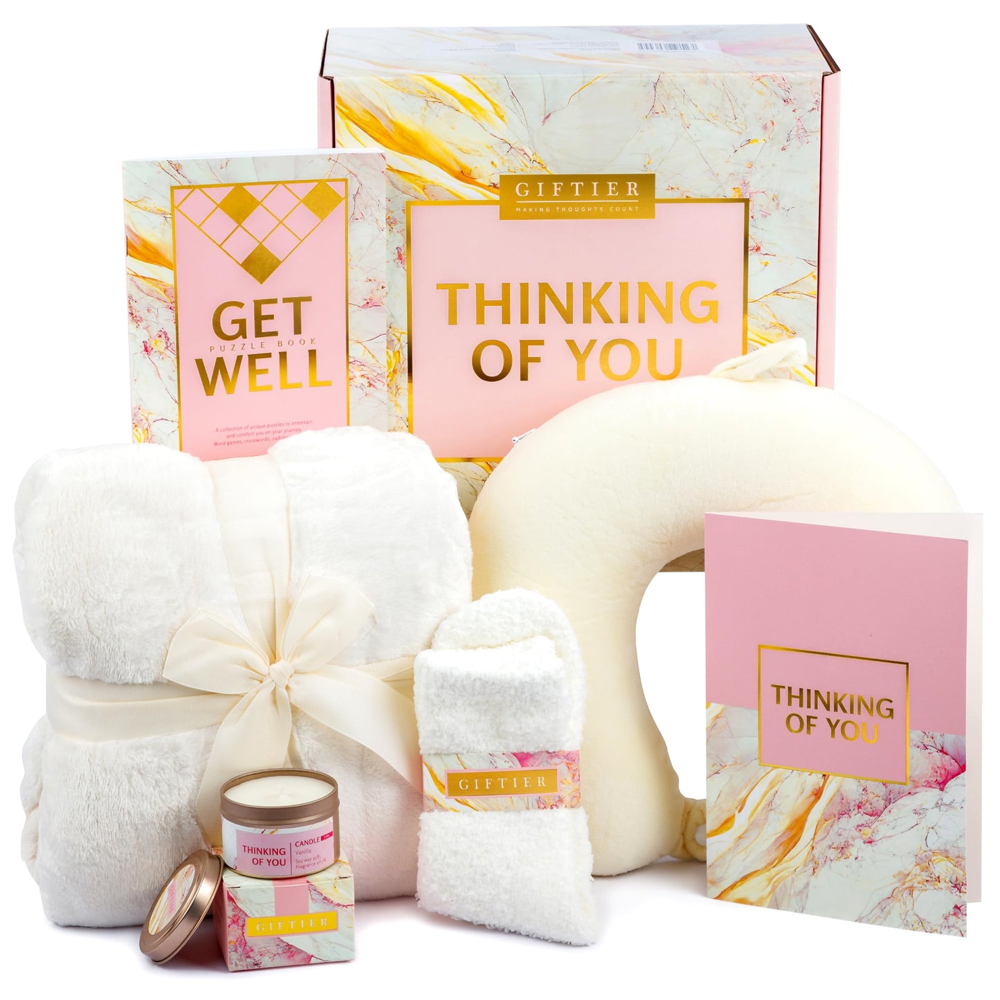 Get Well Soon Gift Basket For Women w/Memory Foam Pillow Blanket Candle Socks Puzzle Book And Card Curated Get Well Basket Care Package For Women After Surgery Get Well Soon Gift Basket